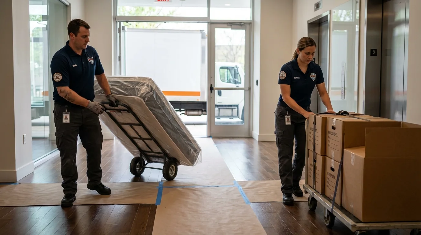 Professional apartment movers loading elevator in Sneedville, TN